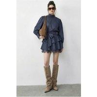 Bianco Lucci Women's Textured Mini Dress with Half Turtleneck & Lace Detail in Dark Navy | Size: Large