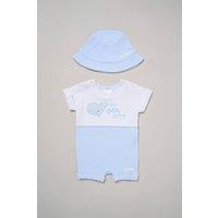 Rock a Bye Baby Boy's Whale Printed Romper & Reversible Hat Outfit Set in Baby Blue | Size: 0-3 m