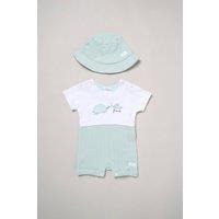 Rock a Bye Baby Boy's Turtle Printed Romper & Reversible Hat Outfit Set in Pale Green | Size: 3-6 m