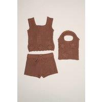 Miss Girl's Scallop Floral 3-Piece Set with Strappy Top, Shorts & Bag in Brown | Size: 4 Years