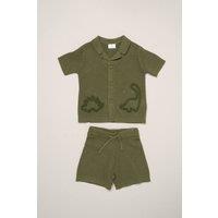 Little Gent Boy's Dinosaur Embroidered True Knit Stripe Shirt & Shorts in Green | Size: 18-24 m