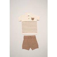 Little Gent Boy's True Knit Shirt & Shorts with Crochet Bear in Light Beige | Size: 18-24 m