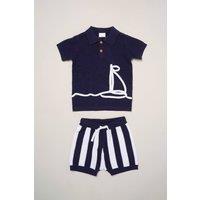 Little Gent Boy's Boat Embroidered True Knit Shirt & Shorts Outfit Set in Navy | Size: 18-24 m