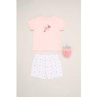 Rock a Bye Baby Girl's Strawberry Print T-Shirt, Shorts & Plush Toy in Pink | Size: 6-9 m