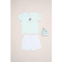 Rock a Bye Baby Boat Print T-Shirt, Shorts & Plush Toy in Blue | Size: 3-6 m