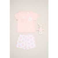 Rock a Bye Baby Girl's Bunny Print T-Shirt, Shorts & Plush Toy in Baby Pink | Size: 6-9 m