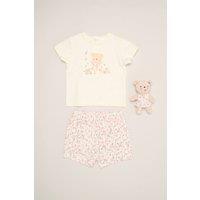 Rock a Bye Baby Girl's Bear Print T-Shirt, Shorts & Plush Toy in Light Beige | Size: 3-6 m
