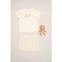 Rock a Bye Baby Boy's Lion Print T-Shirt, Shorts & Plush Toy in Light Beige | Size: 3-6 m