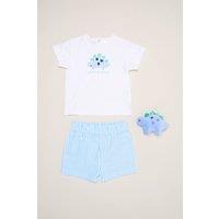 Rock a Bye Baby Girl's Dinosaur Print T-Shirt, Shorts & Plush Toy in Blue | Size: 3-6 m