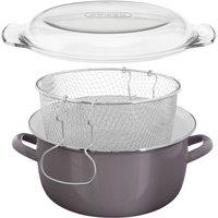Orsina Unique Cool Grey Enamel Deep Fryer, Durable Steel Frying Pan With Basket & Lid, Multipurpose Fish Fryer Pot