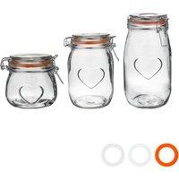 Nicola Spring Heart Glass Storage Jars - 3 Sizes - Orange Seal - Pack of 3 in Clear