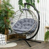 OUTSUNNY Cushioned PE Rattan Hanging Swing Chair with Stand & Cup Holder, Grey