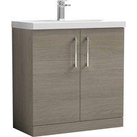 Balterley Contemporary Bathroom Floor Standing 2-Door Vanity Unit & Mid-Edge Ceramic Basin, Solace Oak, 800 mm in Brown
