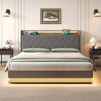BTM Grey Linen Upholstered Bed Frame with Hydraulic Storage | Size: Double