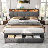 BTM Upholstered Storage Bed with Hydraulic Storage Drawers & LED Headboard in Grey