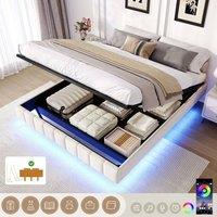 BTM 4ft6 Double Floating Bed Frame LED Hydraulic Storage Upholstered Bed in Beige
