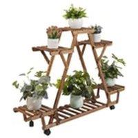 EONLION Indoor Outdoor Wooden 6-Pot Movable Plant Display Stand in Brown