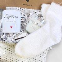 Aye Do Gifts Women's Personalised Eighteen Birthday Mug, Candle & Socks Gift Hamper | 18th in White