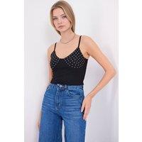 Big Dart Women's Stone Embellished Fitted Crop Top with V-Neck in Black | Size: Medium