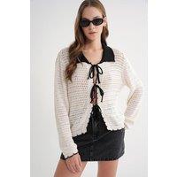 MixRay Women's Open Knit Cardigan with Contrast Collar & Tie Front in Medium Beige