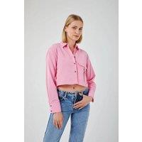 MixRay Women's Cropped Poplin Shirt with Pocket Detail in Magenta | Size: Medium