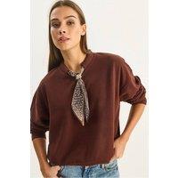 Bianco Lucci Women's Crew Neck Ribbed Sweatshirt with Scarf Accessory Detail in Dark Brown | Size: Medium