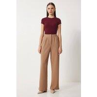 Happiness Istanbul Women's High Waist Pleated Wide Leg Pants in Light Beige | Size: Small