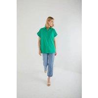 MixRay Women's Oversized Short Sleeve Poplin Button-Up Shirt in Green | Size: Medium