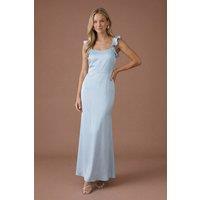 Oasis Women's Light Blue Ruffle Square Neck Satin Bridesmaid Maxi Dress | Size: 10