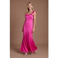 Oasis Women's Bright Pink Ruffle Square Neck Satin Bridesmaid Maxi Dress | Size: 12