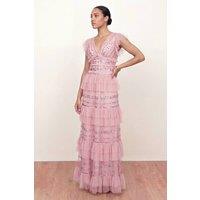 Maya Deluxe Women's Spot Mesh Embellished Flutter Sleeve Tiered Maxi Dress in Light Pink | Size: 22