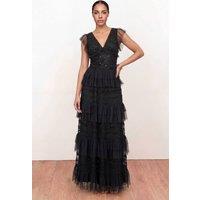 Maya Deluxe Women's Spot Mesh Embellished Flutter Sleeve Tiered Maxi Dress in Black | Size: 10