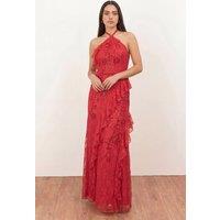 Maya Deluxe Women's Embellished Halter Neck Lace Maxi Dress in Red | Size: 18