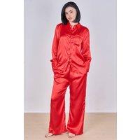 ELAINA FASHION Women's Luxury Satin Pyjama Set in Red | Size: XL
