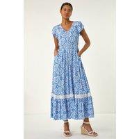 Roman Women's Tile Print Shirred Waist Maxi Dress in Light Blue | Size: 14