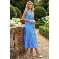 Roman Women's Embroidered V-Neck Midi Dress in Light Blue | Size: 14