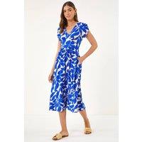Roman Women's Leaf Print V-Neck Midi Dress in Royal | Size: 12