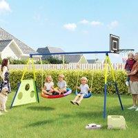 AIYAPLAY 4-in-1 Kids Swing Set with Swing, Basketball Hoop, Football Goal