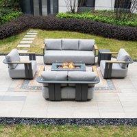 MIMO 7-Seater Garden Aluminum Teak Armrest Sofa Set with Iron Firepit Table in Grey | Size: 1 Pack