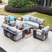 MIMO Garden 7-Seater Aluminum Sofa Set with Teak Armrests, Coffee Table in Grey | Size: 1 Pack