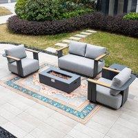 MIMO 4-Seater Garden Aluminum Teak Armrest Sofa Set with Iron Firepit Table in Grey | Size: 4 Person