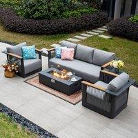 MIMO Garden Full Aluminum Rope Weave Sofa Set with Iron Fire Pit Table in Grey | Size: 1 Pack