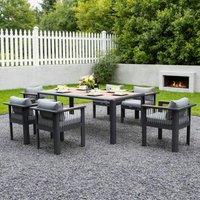 MIMO Outdoor Garden Aluminum Dining Table Set, 6 Chairs with Teak Armrests in Grey | Size: 6 Person