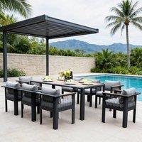 MIMO Outdoor Garden Aluminum Dining Table Set, 8 Chairs with Teak Armrests in Grey | Size: 1 Pack