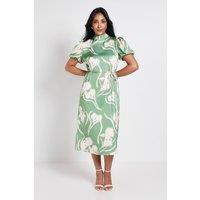 Wallis Women's Petite Floral Satin Midi Dress in Green | Size: 12