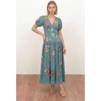 Maya Deluxe Women's Floral Embroidered Dropped Waist Midaxi Dress in Teal | Size: 8