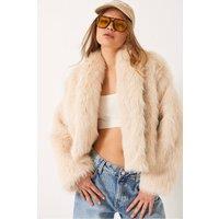 Bianco Lucci Women's Faux Fur Cropped Open Collar Coat in Light Brown | Size: Large