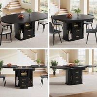 Matteo Black MDF Extendable Round to Oval Dining Table, 6 Seater, Storage
