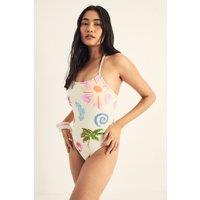 NastyGal Women's Ocean Embellished High Leg Swimsuit in Cream | Size: 14