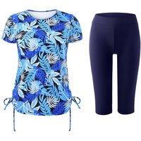 MODISHION Women's Stylish Swim Top & Capri Pants Set with Side Drawstring in Blue | Size: XL